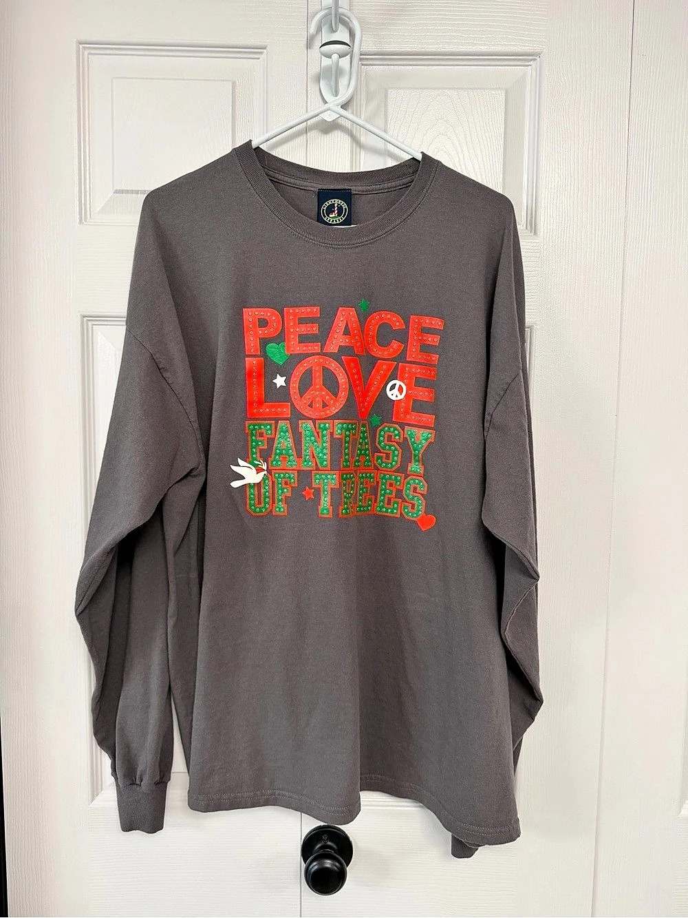 Lighthouse Apparel Long Sleeve “Peace Love Fantasy of Trees” Graphic Tee in Gray